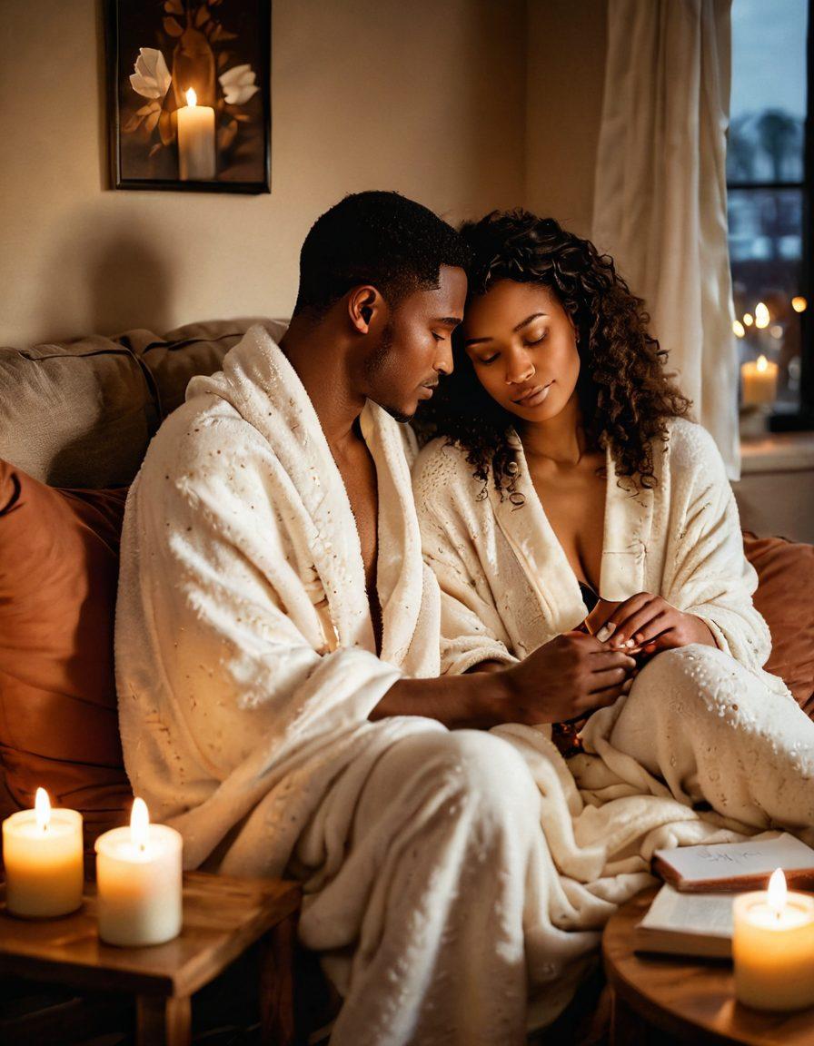 An intimate scene featuring a diverse couple sitting together in a cozy, warmly lit room, wrapped in a soft blanket, sharing a tender moment with their foreheads touching. Surround them with subtle elements such as a flickering candle, soft cushions, and a heartfelt love letter. Capture the depth of their emotions through their expressions, conveying love and connection. romantic, warm tones. super-realistic. cozy atmosphere.