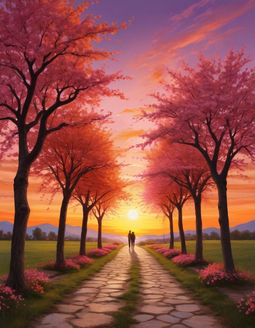 A romantic pathway lined with blossoming trees, leading towards a sunset, symbolizing the journey from flirtation to lasting love. Include silhouettes of couples at different stages of their relationship along the path, showcasing laughter and deep conversation. The sky is painted in warm hues of orange and pink, radiating affection and warmth. super-realistic. vibrant colors. warm tones.