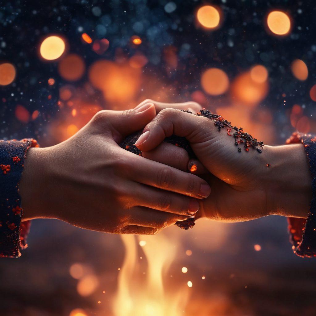 A close-up of two hands intertwined, surrounded by glowing embers symbolizing affection, with a soft-focus background of a starry night sky. Delicate flowers bloom around the hands, representing devotion and romance. The overall atmosphere should evoke warmth and intimacy. gentle bokeh effect. super-realistic. vibrant colors.
